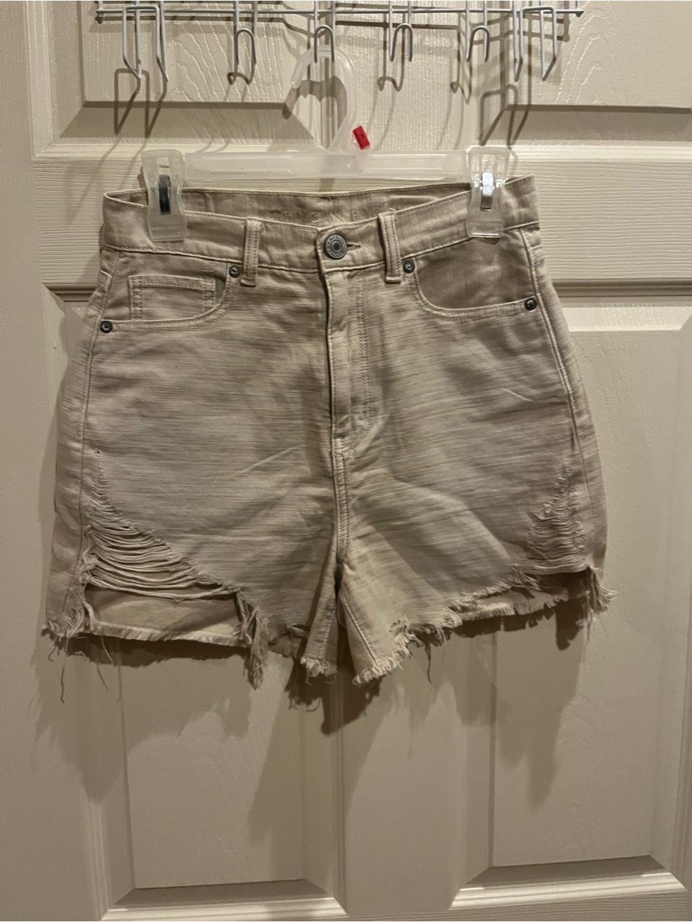 American Eagle Outfitters Light Beige Distressed High-Rise Jean Shorts